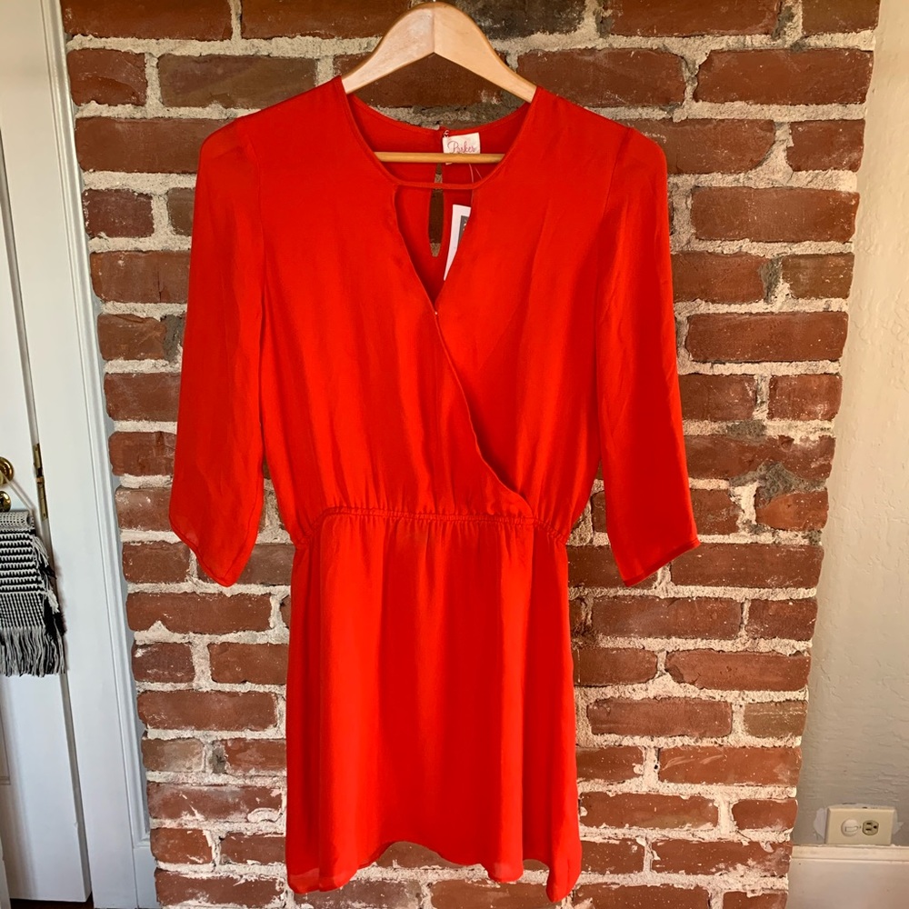 Parker red silk wrap plunge dress S